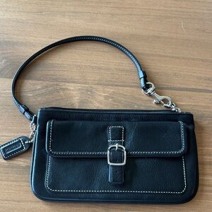 Coach Black Leather Wristlet Clutch with Contrast Stitching